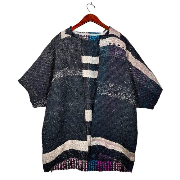 Vintage Sweaters - VINTAGE Boxy Open Front Woven Wool Saori Kimono Woven Poncho